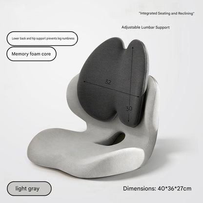 Grey memory foam seat cushion with integrated lumbar backrest on an office chair