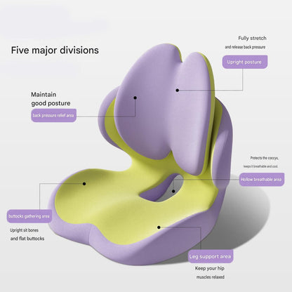 Grey memory foam seat cushion with integrated lumbar backrest on an office chair