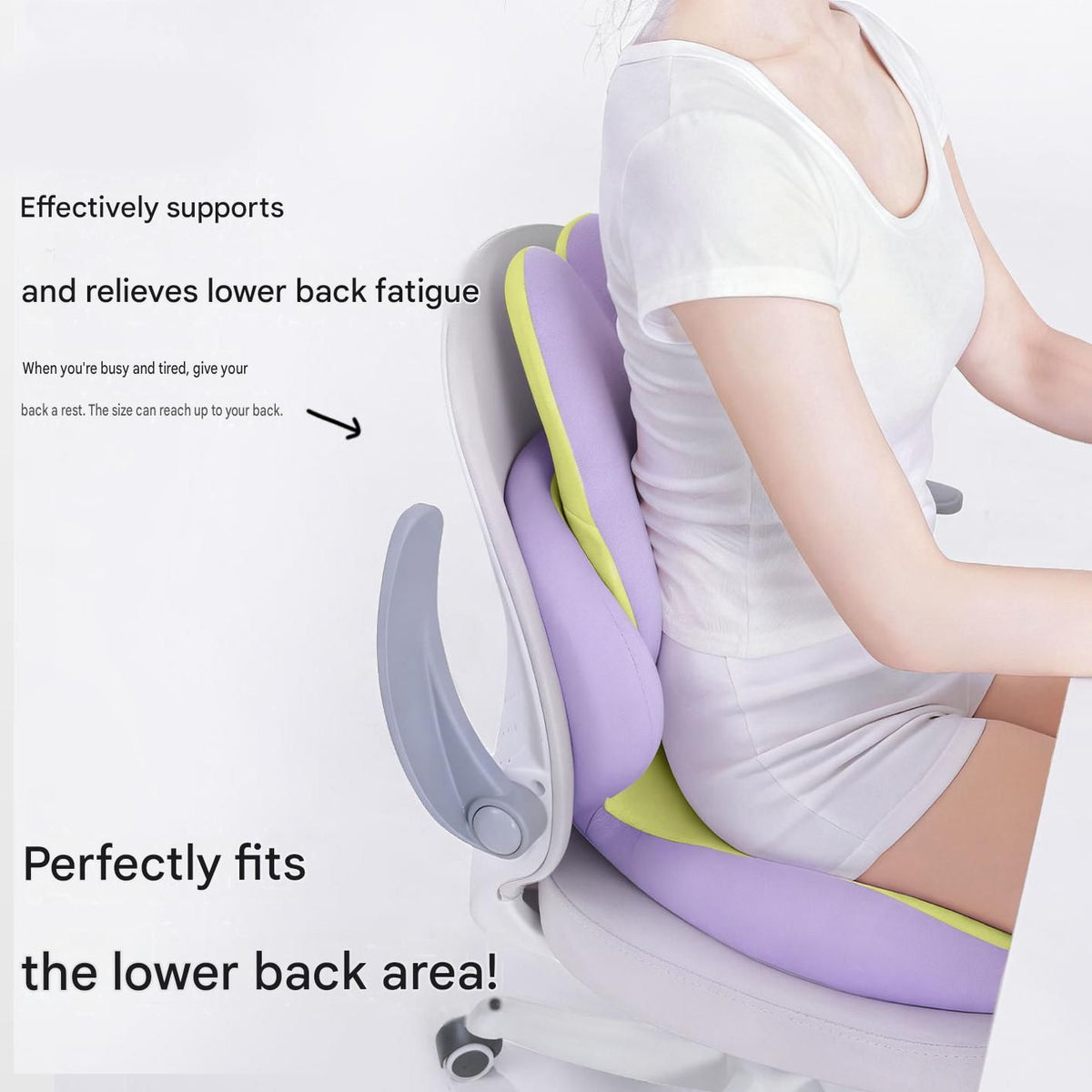 Grey memory foam seat cushion with integrated lumbar backrest on an office chair