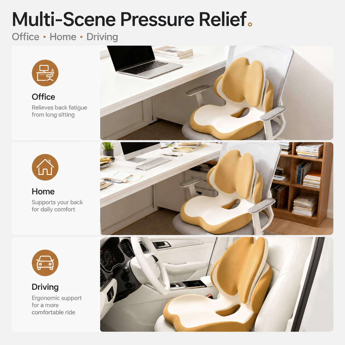 Grey memory foam seat cushion with integrated lumbar backrest on an office chair
