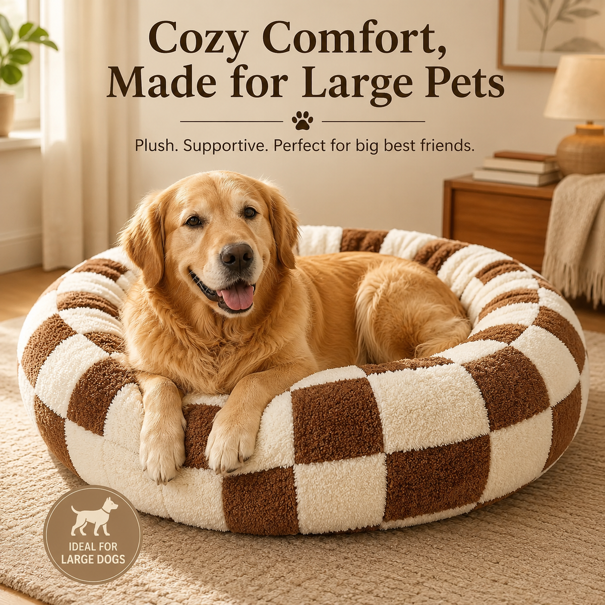 Coffee checkered round donut pet bed with raised rim for medium to large pets