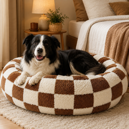 Coffee checkered round donut pet bed with raised rim for medium to large pets