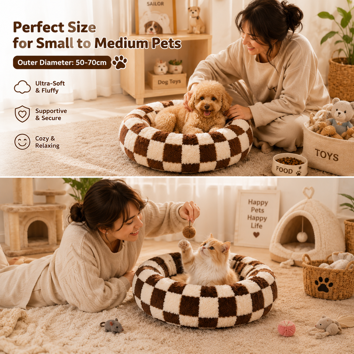 Coffee checkered round donut pet bed with raised rim for medium to large pets
