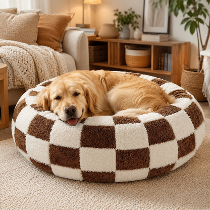 Coffee checkered round donut pet bed with raised rim for medium to large pets