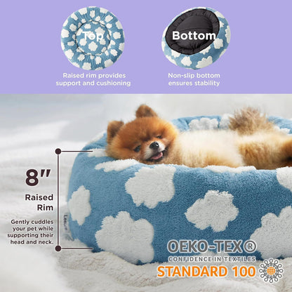 Coffee checkered round donut pet bed with raised rim for medium to large pets