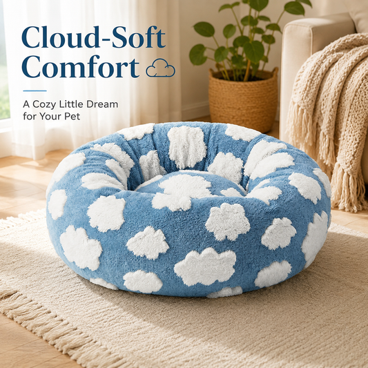 Round blue cloud patterned donut dog bed with a raised plush rim