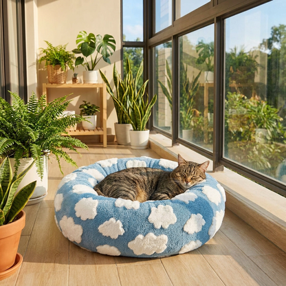 Round blue cloud patterned donut dog bed with a raised plush rim