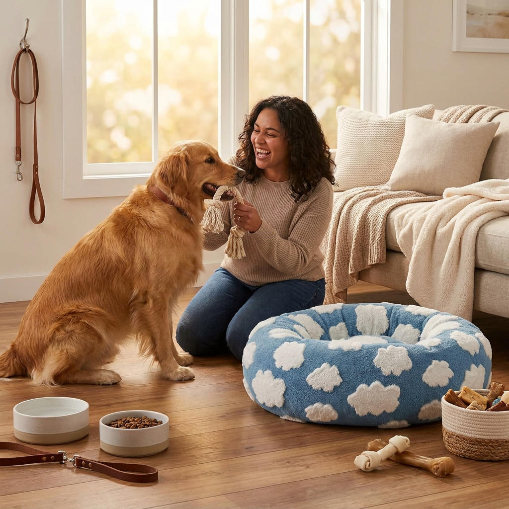 Round blue cloud patterned donut dog bed with a raised plush rim