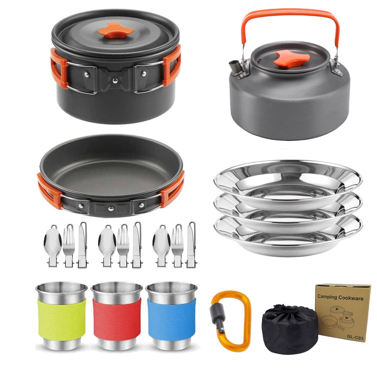 Orange nesting camping cookware set with pot, pan, kettle and cutlery