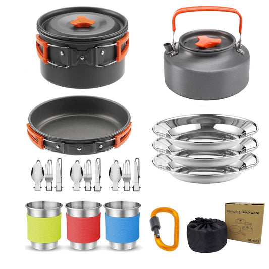 Orange nesting camping cookware set with pot, pan, kettle and cutlery