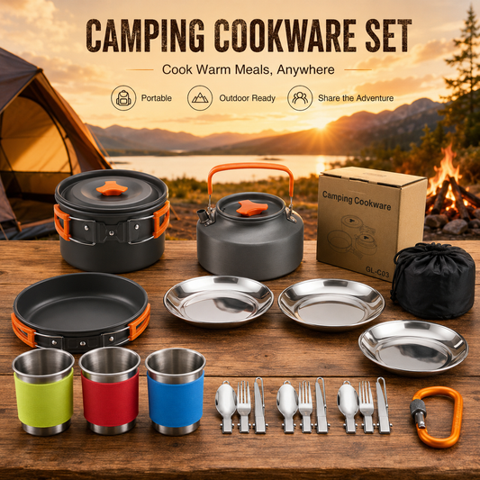 Orange nesting camping cookware set with pot, pan, kettle and cutlery