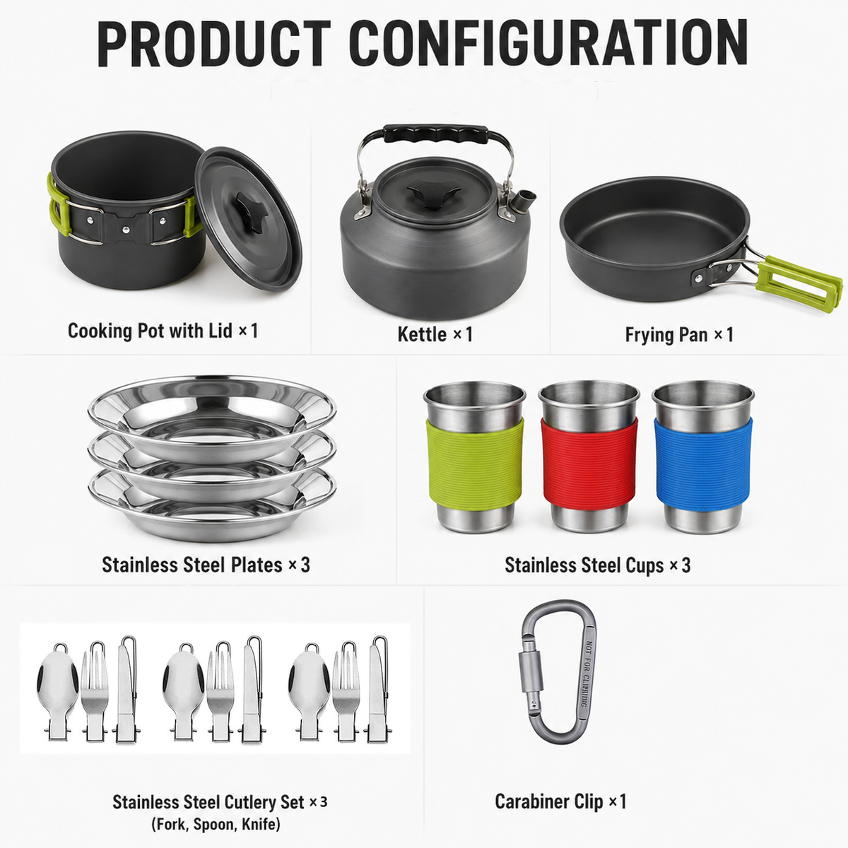 Orange nesting camping cookware set with pot, pan, kettle and cutlery