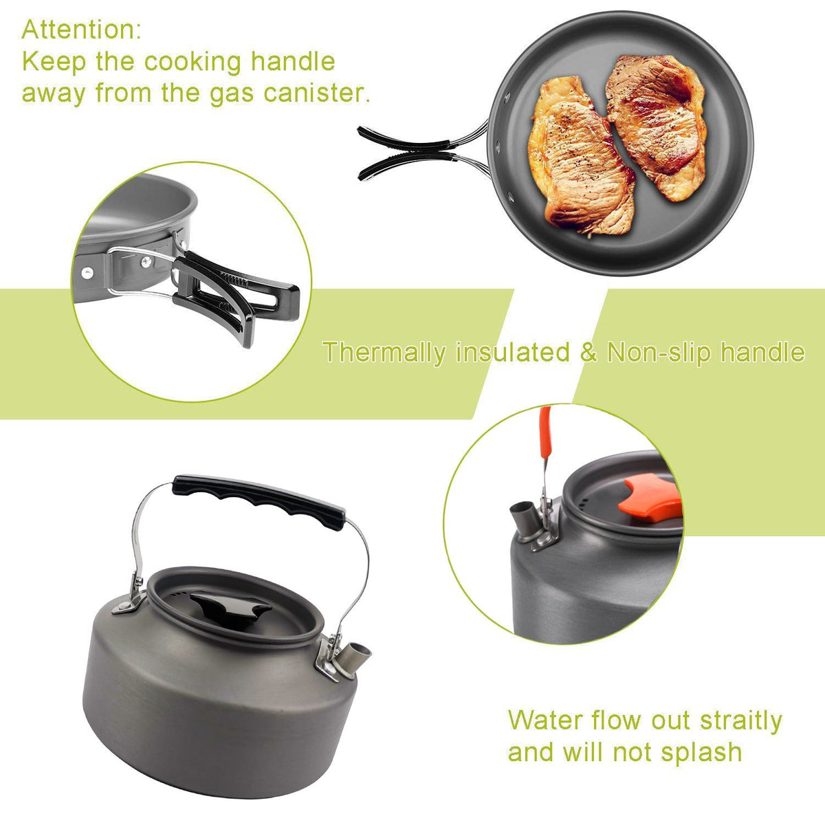 Orange nesting camping cookware set with pot, pan, kettle and cutlery