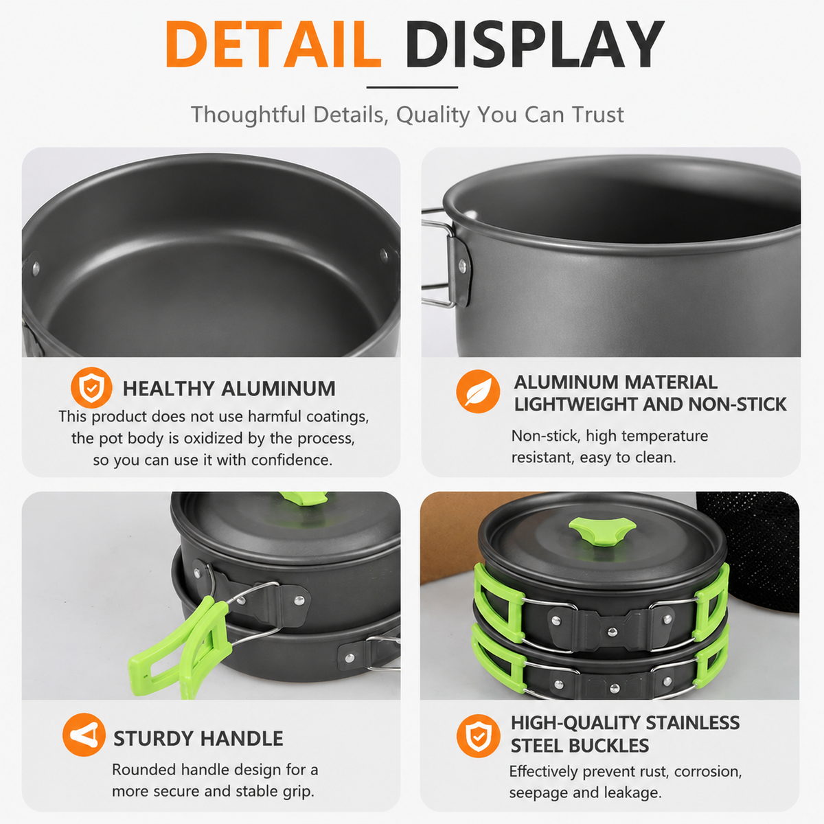 Orange nesting camping cookware set with pot, pan, kettle and cutlery