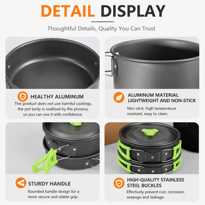 Orange nesting camping cookware set with pot, pan, kettle and cutlery