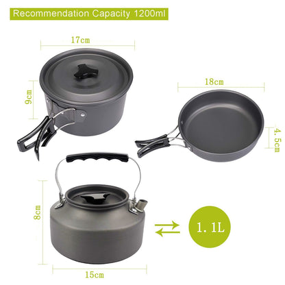 Orange nesting camping cookware set with pot, pan, kettle and cutlery