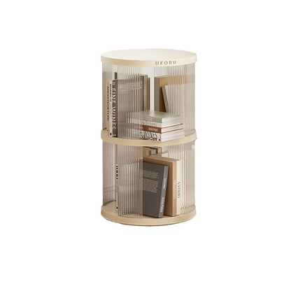 Cream white two tier circular rotating bookshelf holding books