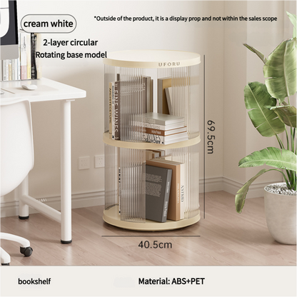Cream white two tier circular rotating bookshelf holding books