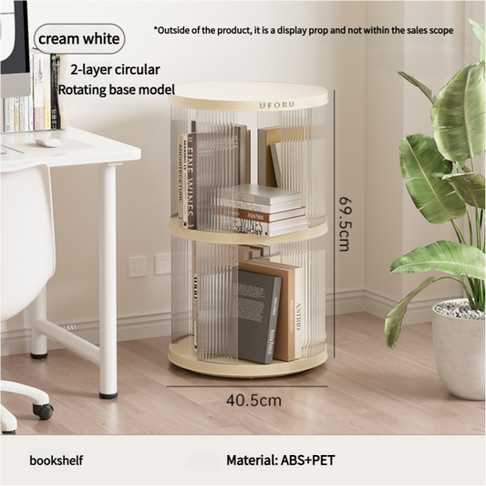Cream white two tier circular rotating bookshelf holding books