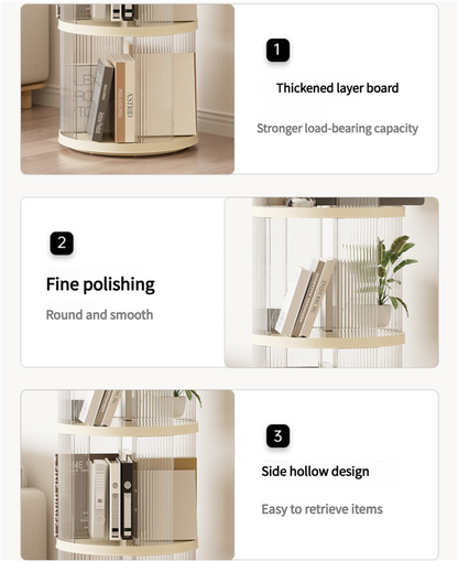 Cream white two tier circular rotating bookshelf holding books