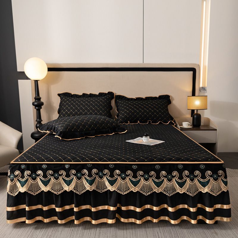 Grey and gold quilted bed skirt set with lace trim and two matching pillowcases
