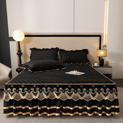 Grey and gold quilted bed skirt set with lace trim and two matching pillowcases