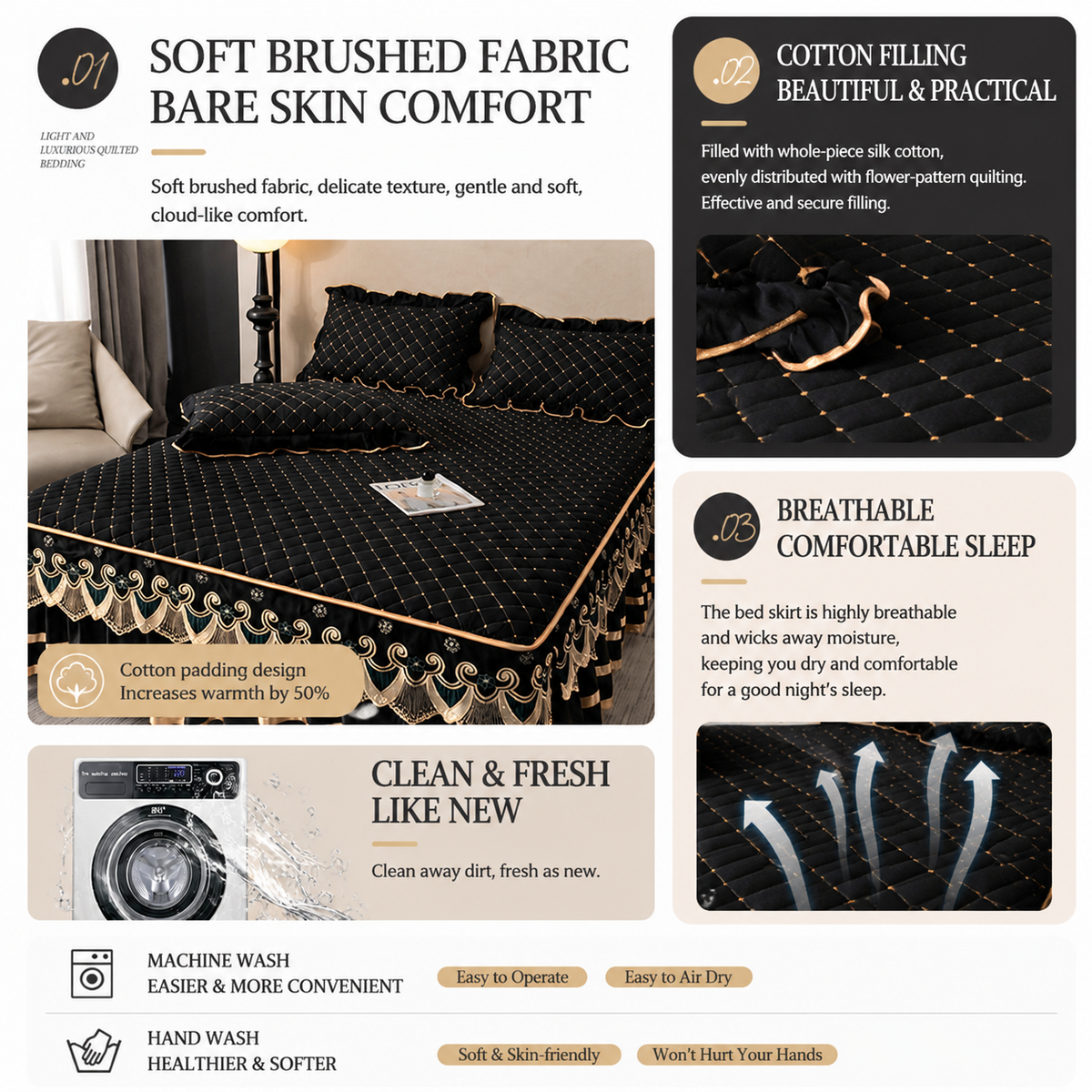 Grey and gold quilted bed skirt set with lace trim and two matching pillowcases