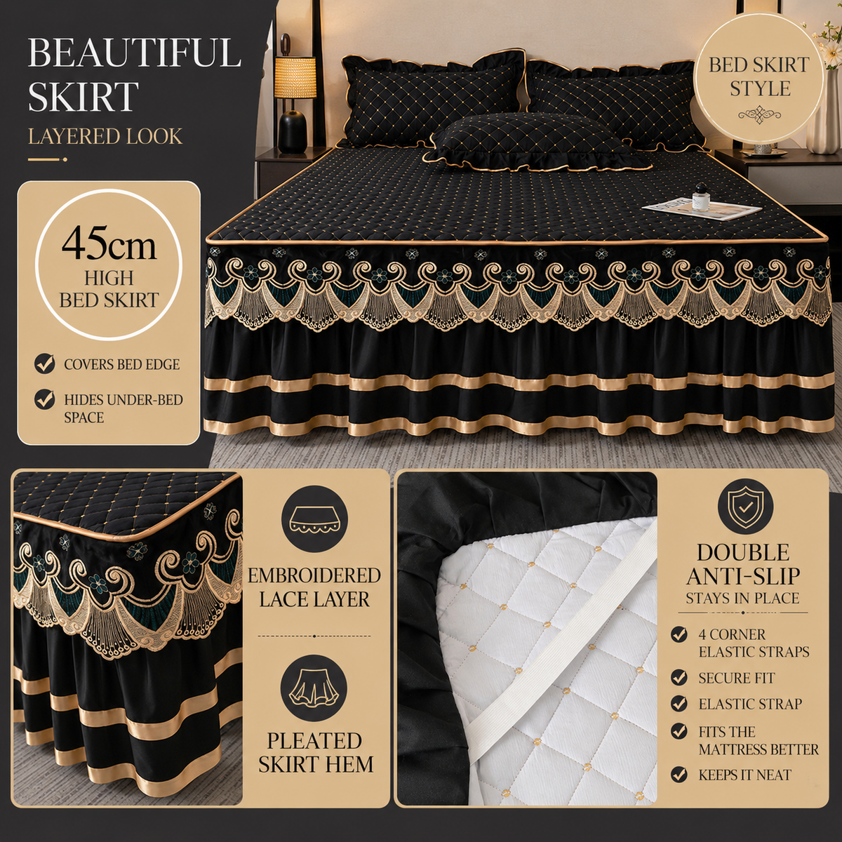 Grey and gold quilted bed skirt set with lace trim and two matching pillowcases