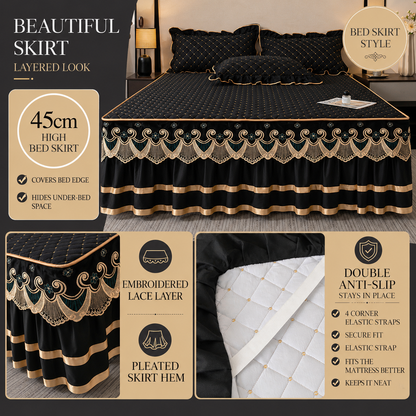 Grey and gold quilted bed skirt set with lace trim and two matching pillowcases