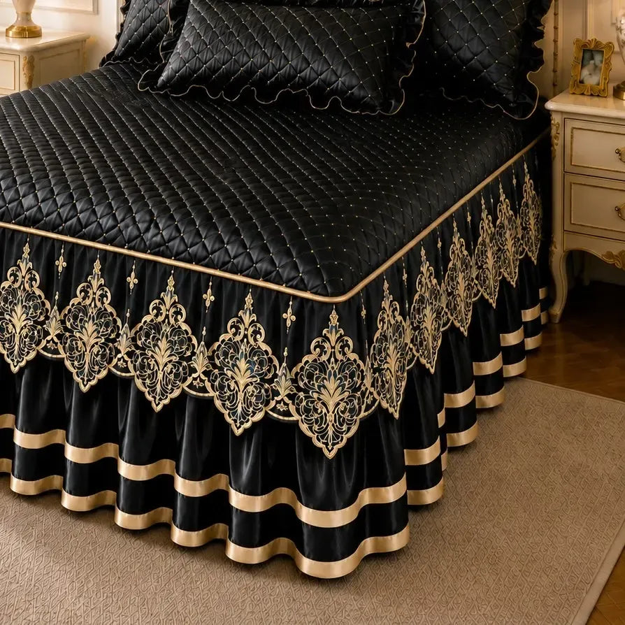 Grey and gold quilted bed skirt set with lace trim and two matching pillowcases