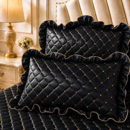 Grey and gold quilted bed skirt set with lace trim and two matching pillowcases