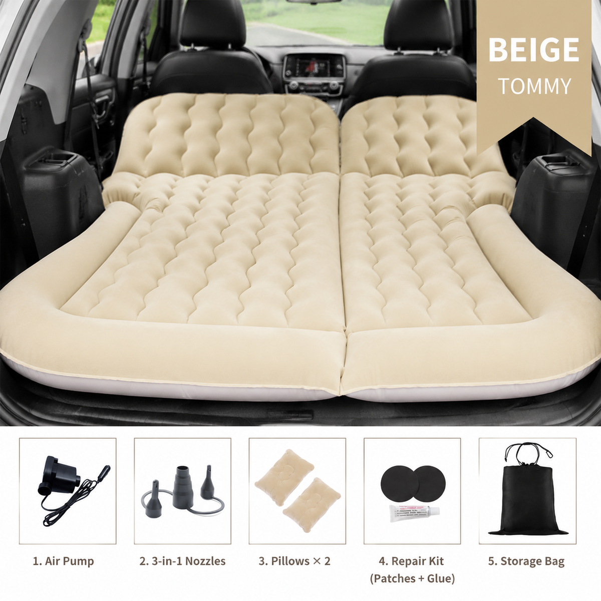 Beige inflatable car air mattress with split chambers, two pillows and a head buffer