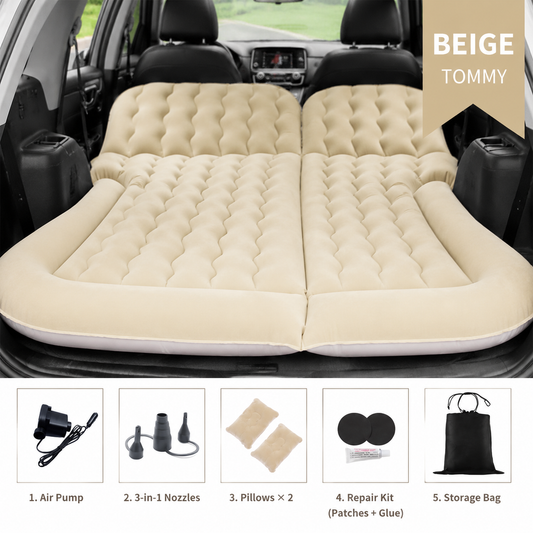 Beige inflatable car air mattress with split chambers, two pillows and a head buffer