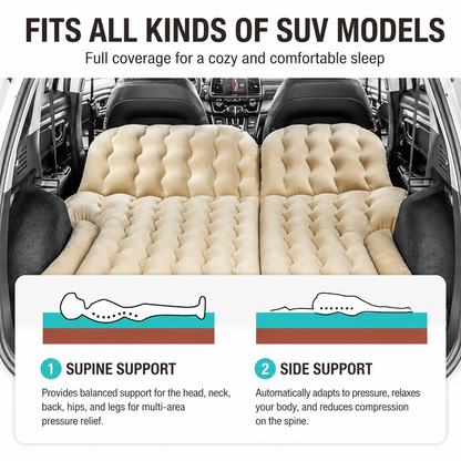 Beige inflatable car air mattress with split chambers, two pillows and a head buffer