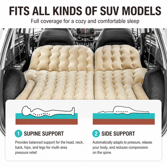 Beige inflatable car air mattress with split chambers, two pillows and a head buffer