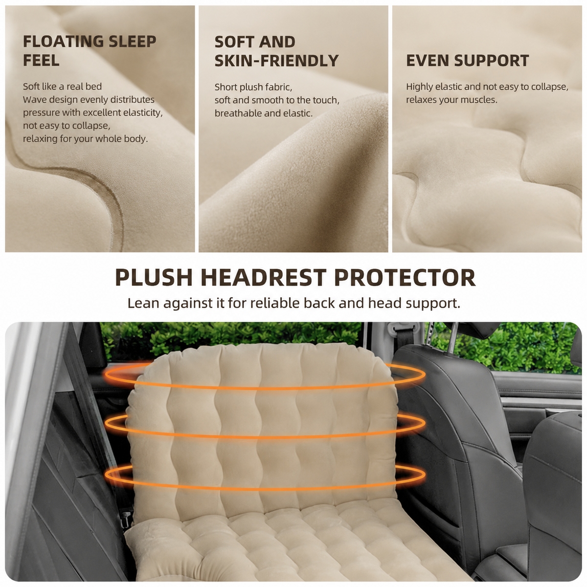 Beige inflatable car air mattress with split chambers, two pillows and a head buffer