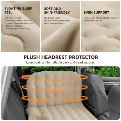 Beige inflatable car air mattress with split chambers, two pillows and a head buffer