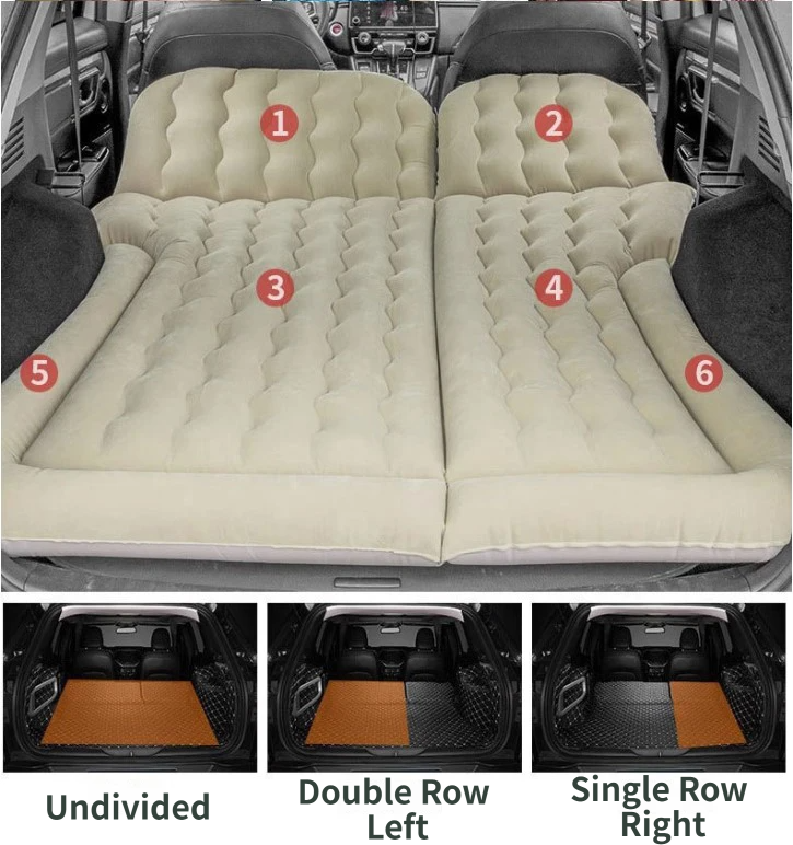 Beige inflatable car air mattress with split chambers, two pillows and a head buffer