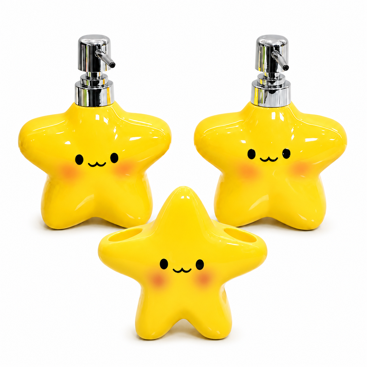 Yellow star bathroom set with plastic toothbrush holder and two ceramic pump bottles
