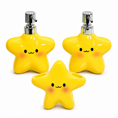 Yellow star bathroom set with plastic toothbrush holder and two ceramic pump bottles