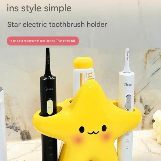 Yellow star bathroom set with plastic toothbrush holder and two ceramic pump bottles