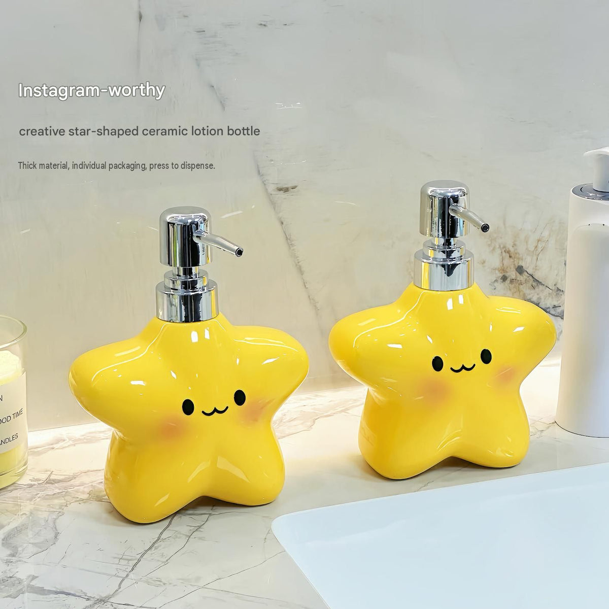 Yellow star bathroom set with plastic toothbrush holder and two ceramic pump bottles