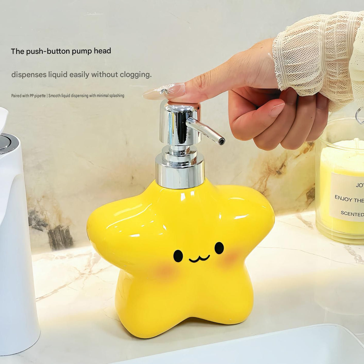 Yellow star bathroom set with plastic toothbrush holder and two ceramic pump bottles