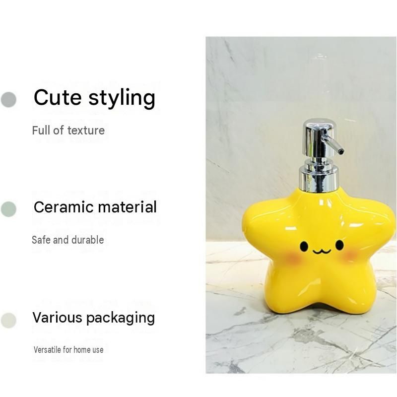 Yellow star bathroom set with plastic toothbrush holder and two ceramic pump bottles