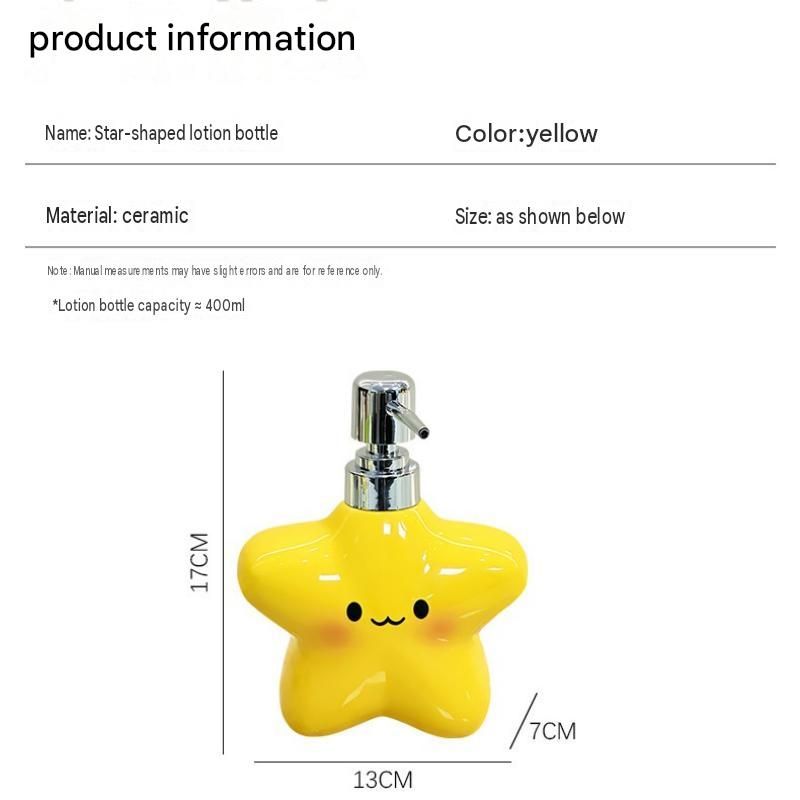 Yellow star bathroom set with plastic toothbrush holder and two ceramic pump bottles