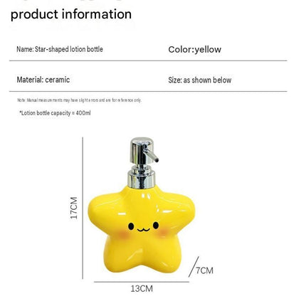 Yellow star bathroom set with plastic toothbrush holder and two ceramic pump bottles