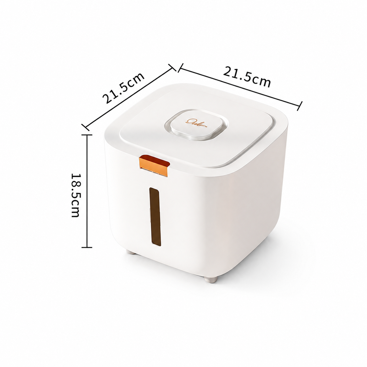White pet food storage container with push-button lid and transparent level window