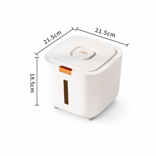 White pet food storage container with push-button lid and transparent level window