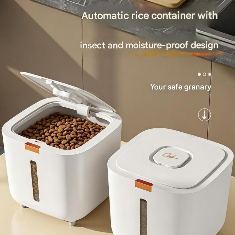 White pet food storage container with push-button lid and transparent level window