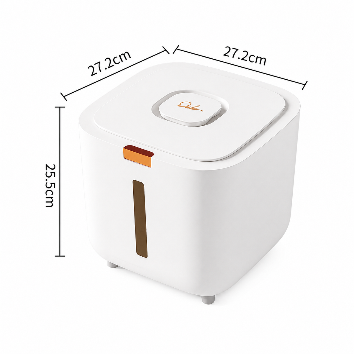 White sealed rice storage container with push-button lid and clear level window